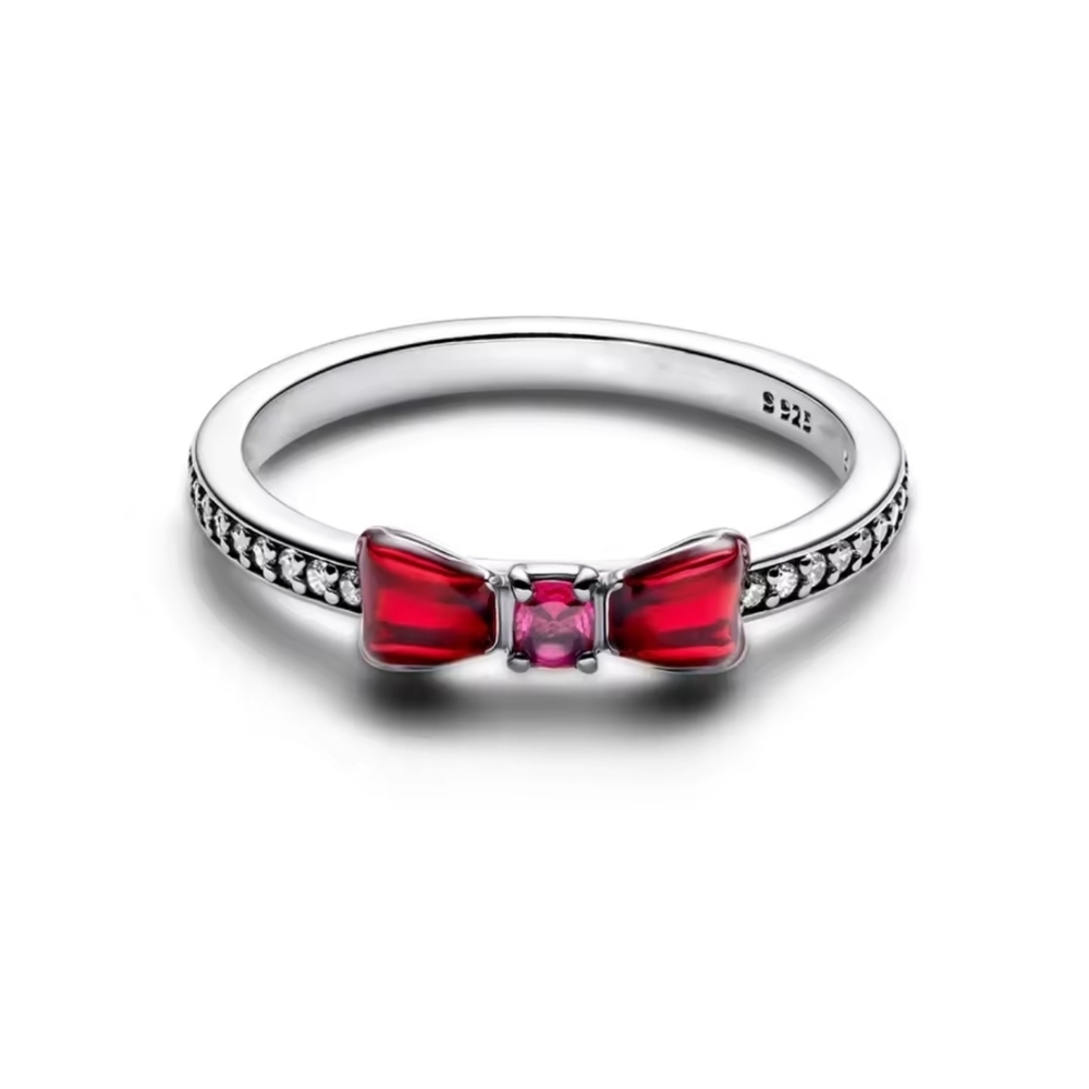 925 Sterling Silver Red Bow Ring Dainty Crystal Coquette Jewelry Size 6.5